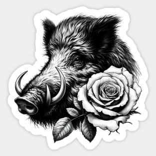 Wild Boar with Rose - Stunning Wildlife Illustration Sticker